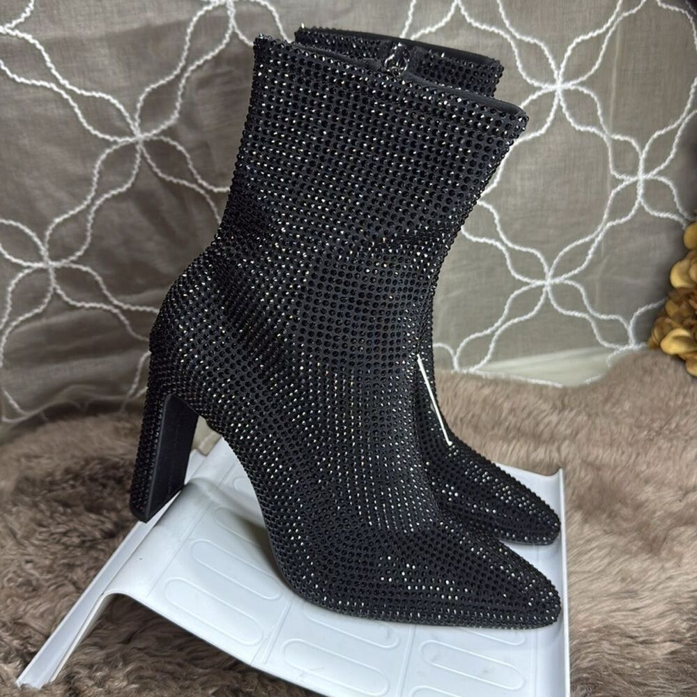 (W2) ZARA Women's Black Rhinestone Heeled Ankle Boots Size 37/6.5US - Picture 3 of 12